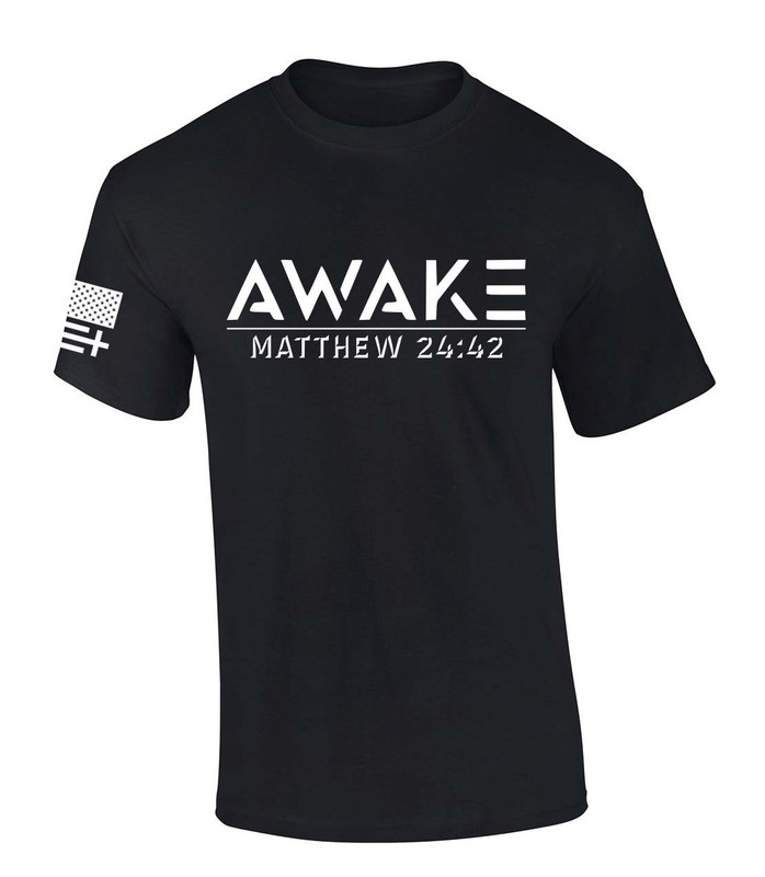 Awake Matthew 24:42 Scripture men's Christian tee - front graphic