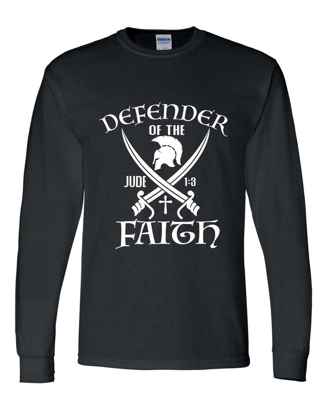 Defender of the Faith Jude 1:3 men's Christian long sleeve tee - front graphic