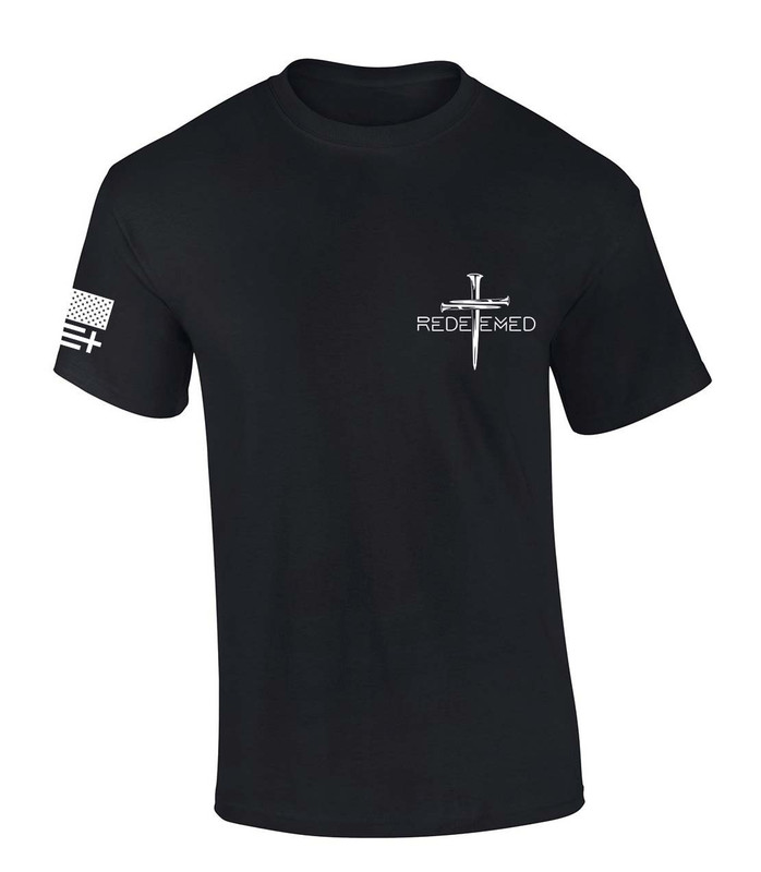 Redeemed Nail Cross Crest Design Jesus men's Christian tee - front graphic