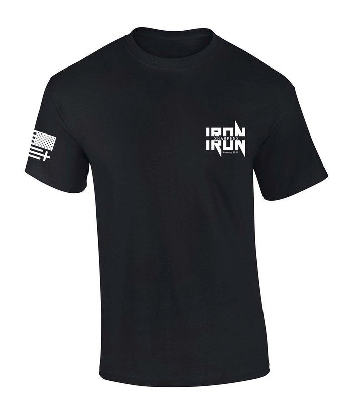 Iron Sharpens Iron Metal Logo Crest Design Proverbs 27:17 men's Christian tee - front graphic