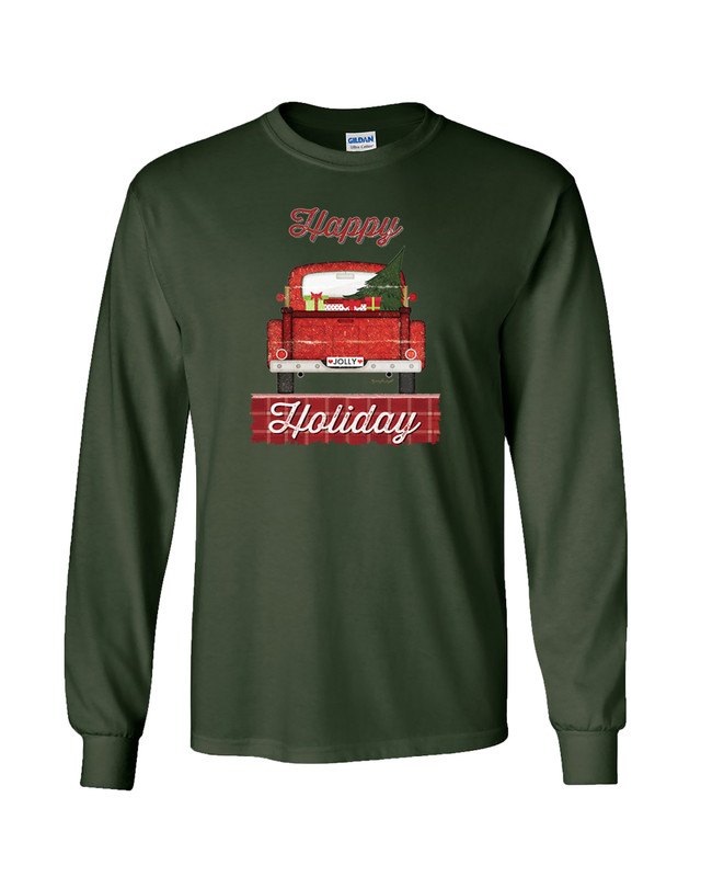 Happy Holidays Holly Jolly Truck Christmas men's Christian long sleeve tee - front graphic