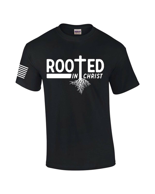 Rooted In Christ Tree Roots men's Christian tee - front graphic