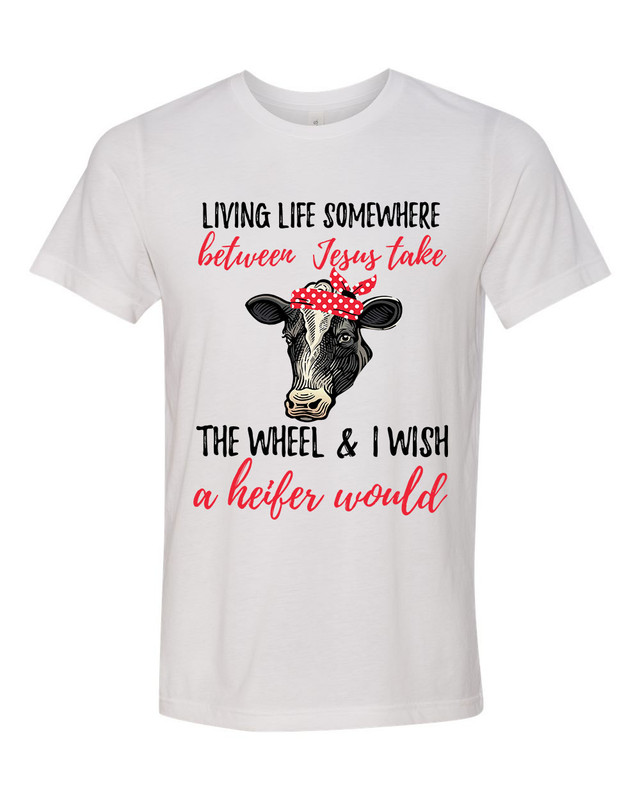Fit Cow Jesus Take The Wheel Heifer men's Christian tee - front graphic