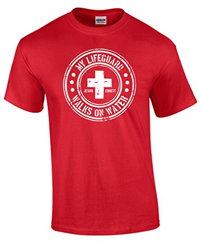 My Lifeguard Walks On Water Circle Design Red men's Christian tee - front graphic