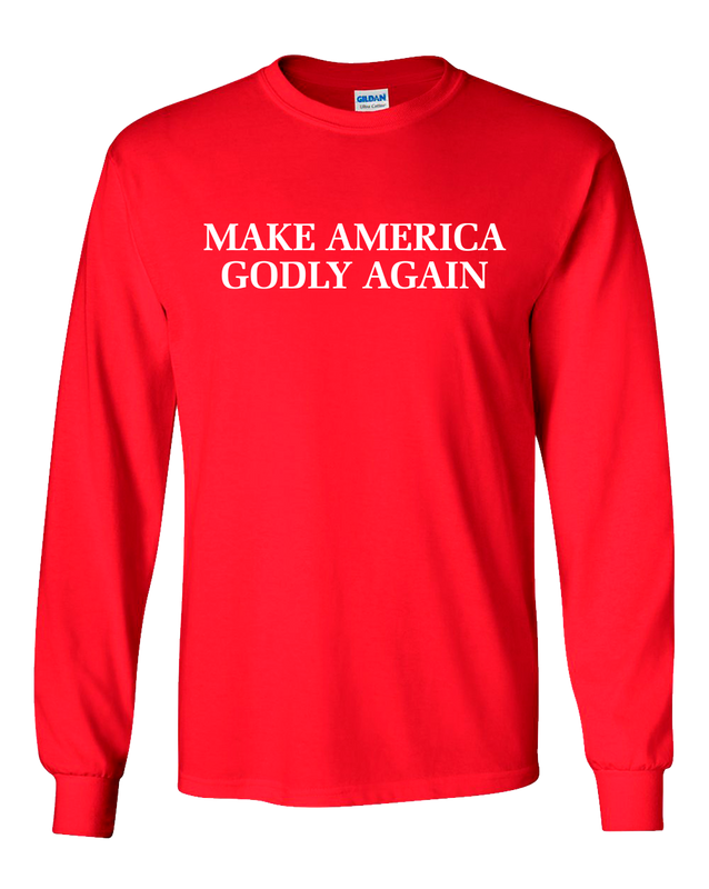 Make America Godly Again men's Christian long sleeve tee - front graphic