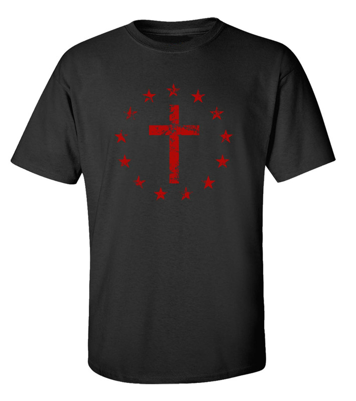 Cross Surrounded By Patriotic Betsy Ross Flag 13 Stars men's Christian tee - front graphic