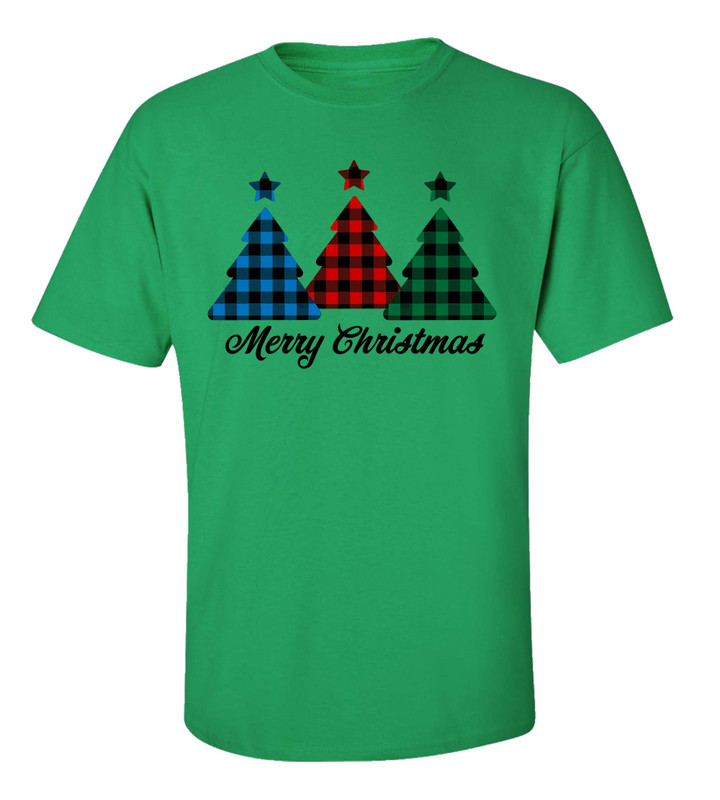 Merry Christmas Buffalo Plaid Trees men's Christian tee - front graphic