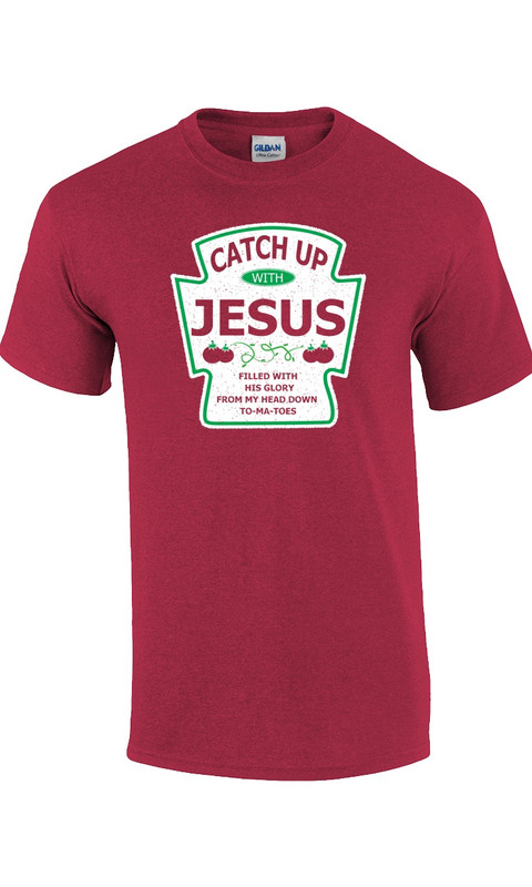 Catch Up with Jesus Heather Red men's Christian tee - front graphic