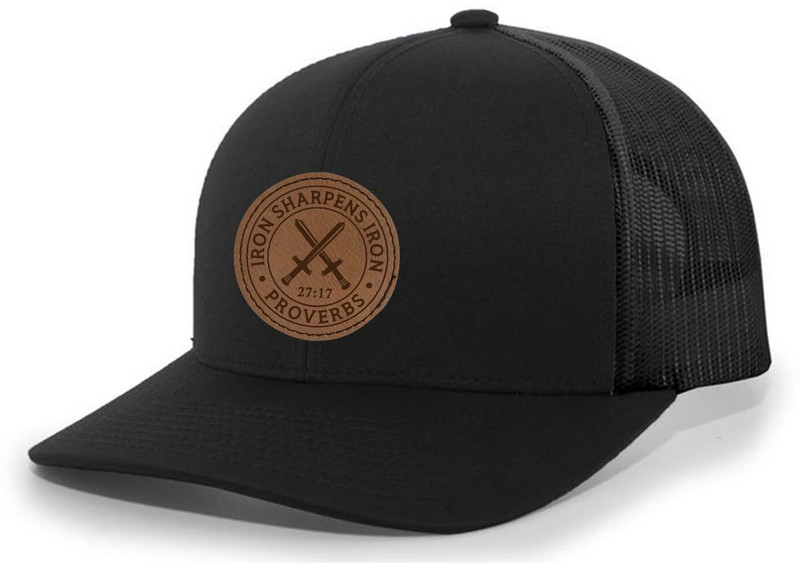 Heritage Pride Christian Iron Sharpens Iron Proverbs 27:17 Laser Engraved Leather Patch Mesh Back Trucker Hat