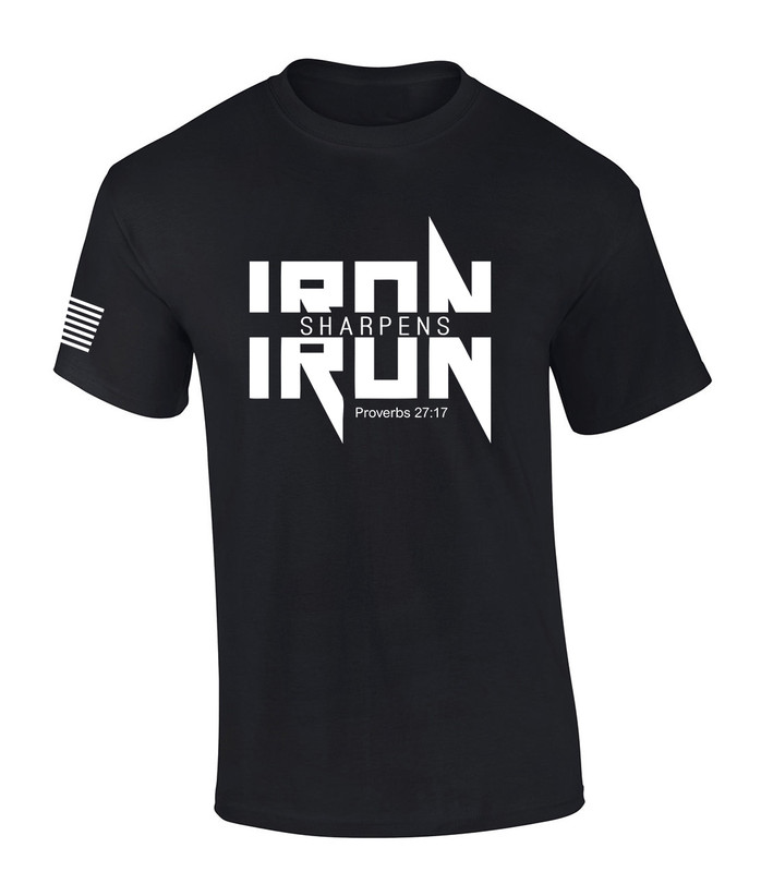 Iron Sharpens Iron Proverbs 27:17 Heavy Metal Logo Bible men's Christian tee - front graphic