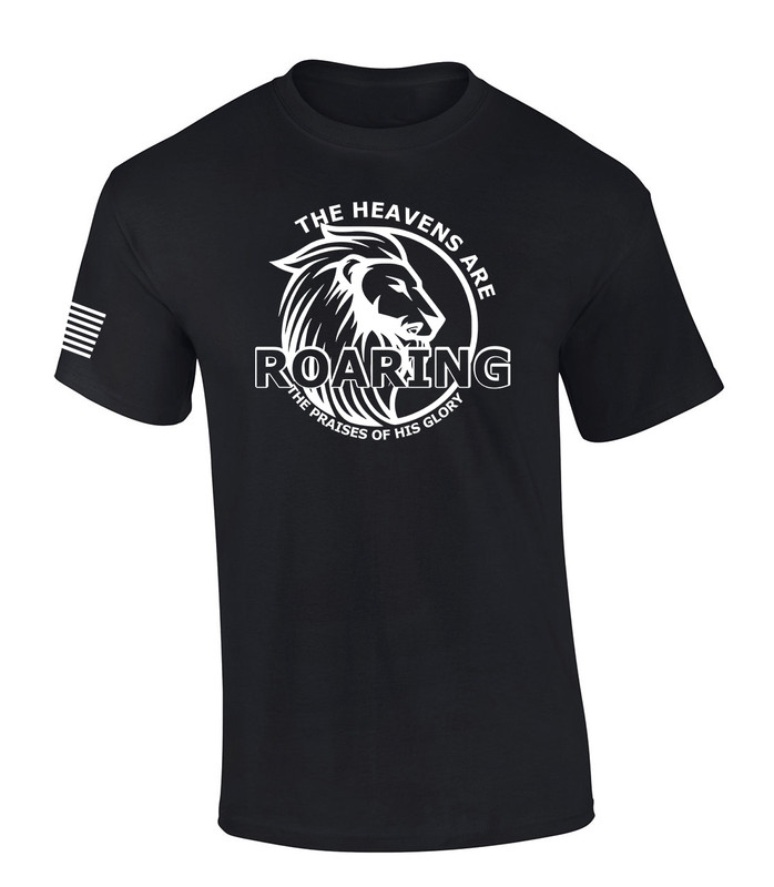 The Heavens Are Roaring The Praises of His Glory Lion Bible men's Christian tee - front graphic