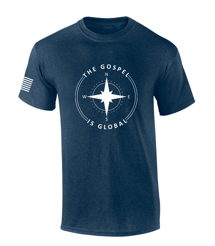 The Gospel Is Global Compass Cross Bible Scripture Jesus men's Christian tee - front graphic
