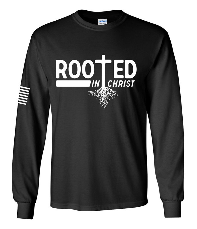 Rooted In Christ Tree Roots men's Christian long sleeve tee - front graphic