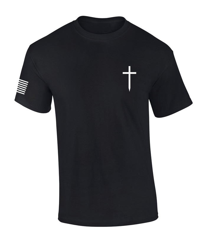 Faith Cross Crest American Flag Sleeve men's Christian tee - front graphic
