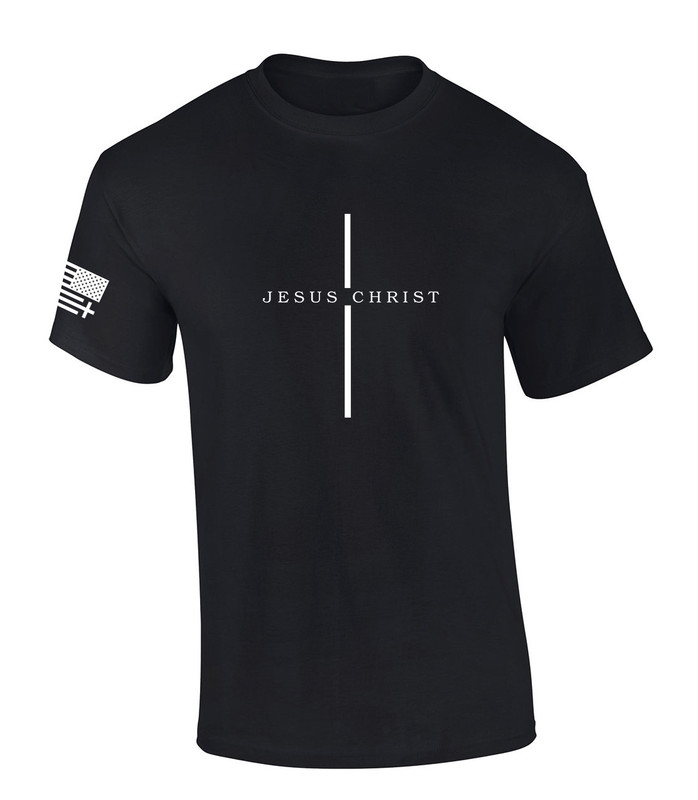 Jesus Christ Cross Scripture American Flag Sleeve men's Christian tee - front graphic