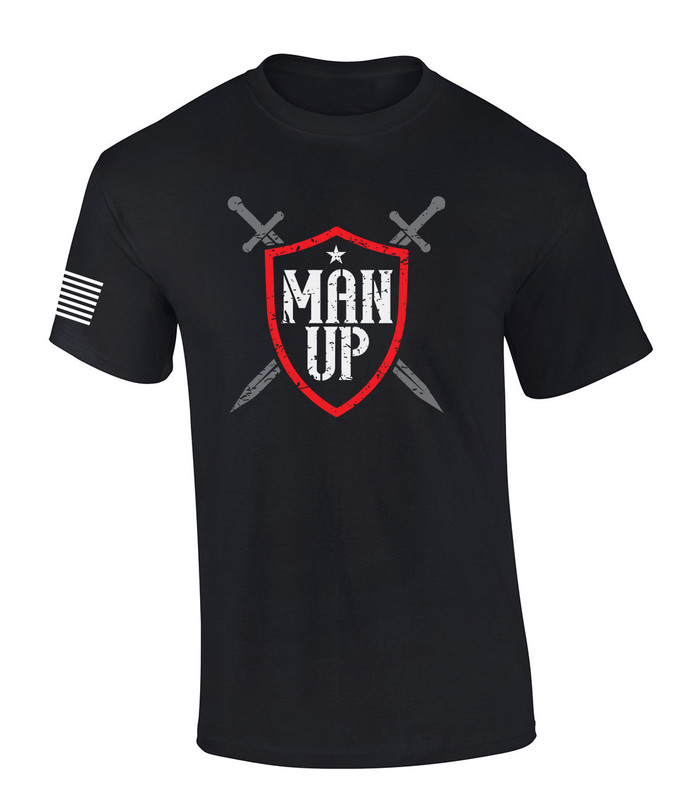 Man Up Swords and Shield Scripture American Flag Sleeve men's Christian tee - front graphic