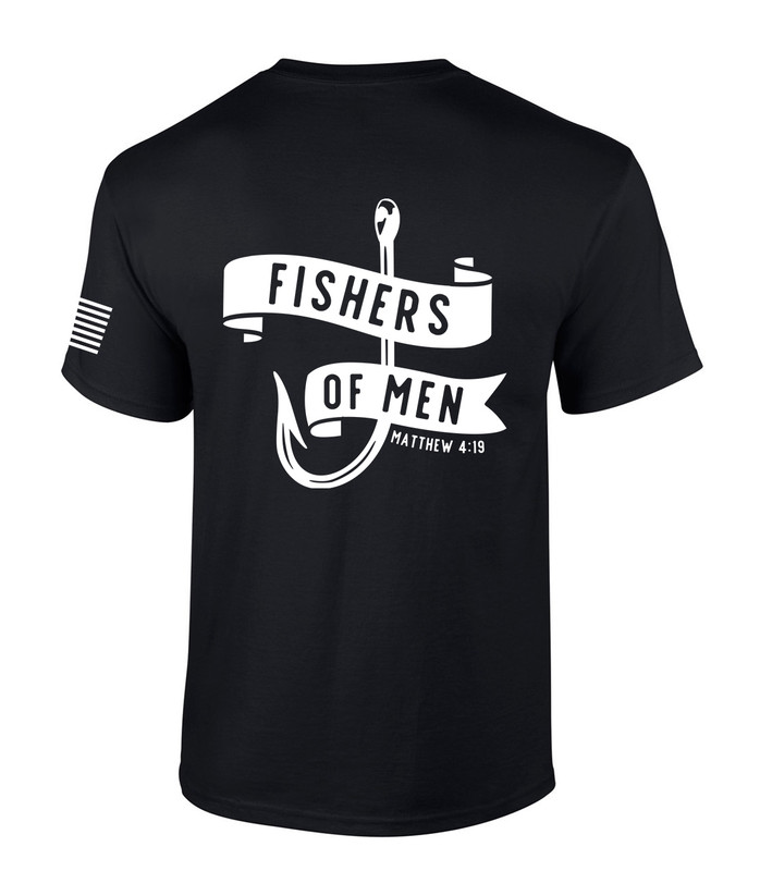 Fishers of Men Matthew 4:19 Scripture American Flag Sleeve men's Christian tee - front graphic