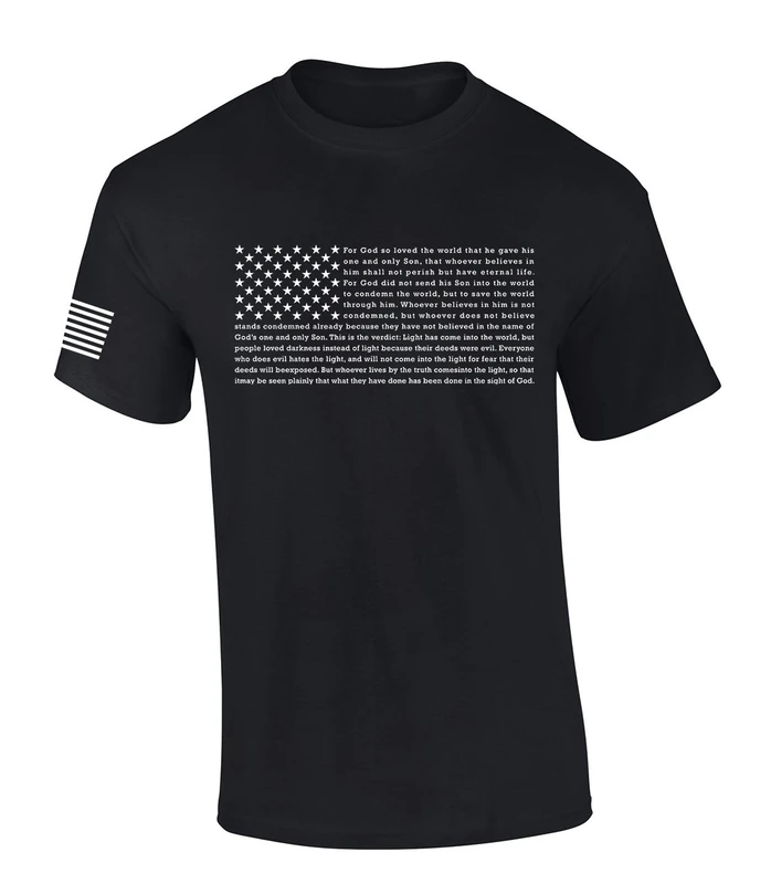 Patriotic American Flag John 3:16 Scripture American Flag men's Christian tee - front graphic
