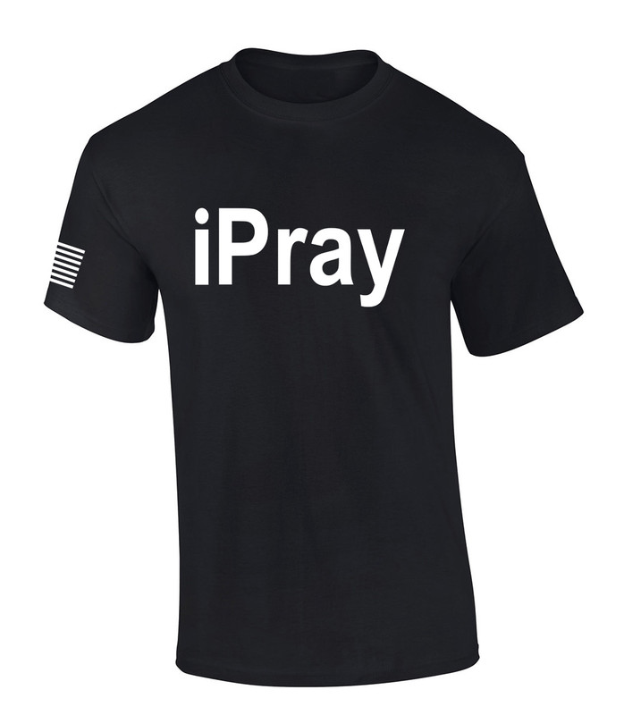 iPray American Flag Sleeve Jesus Christ Prayer men's Christian tee - front graphic