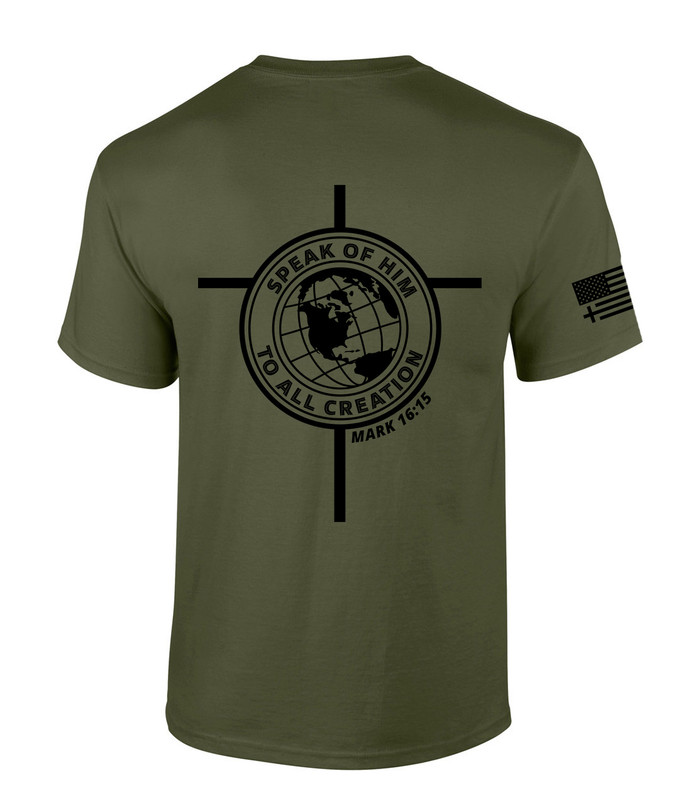 Speak of Him to All Creation Mark 16:15 Scripture Back Design men's Christian tee - front graphic