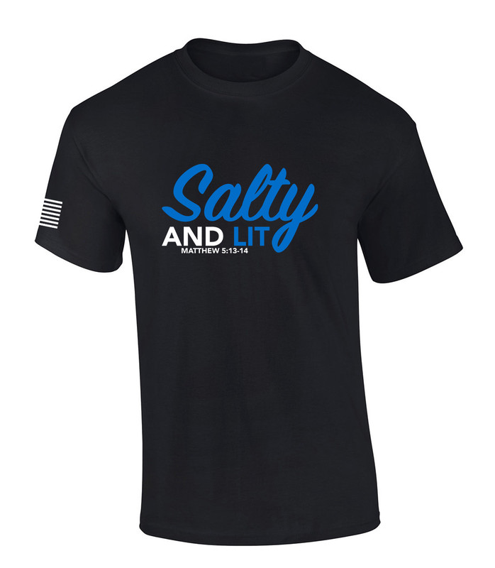 Salty and Lit Matthew 5:13 14 Scripture Flag Sleeve men's Christian tee - front graphic