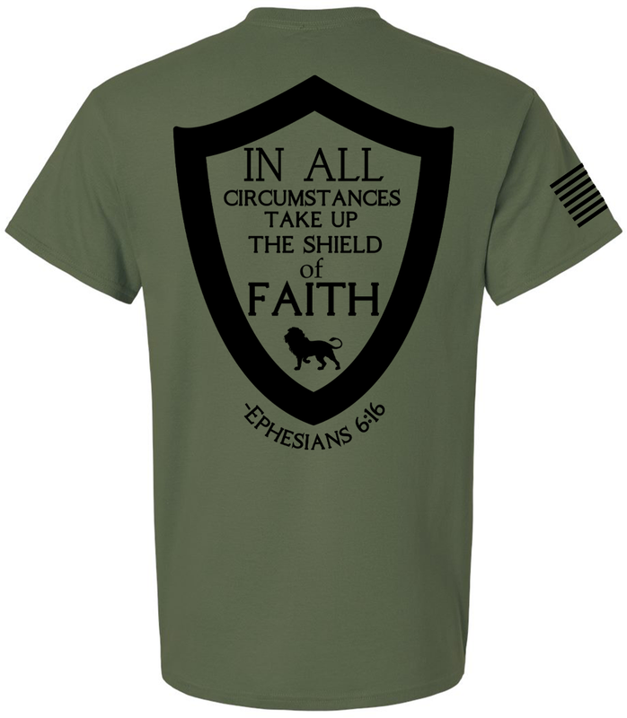 In All Circumstances Shield of Faith Eph 6:16 Flag men's Christian tee - front graphic