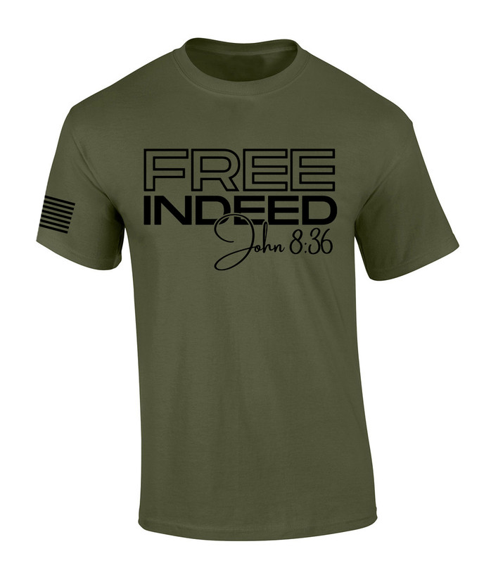 Mens Christian Shirt Free Indeed John 8:36 Scripture Christian Flag Sleeve Short Sleeve T-shirt Graphic Tee