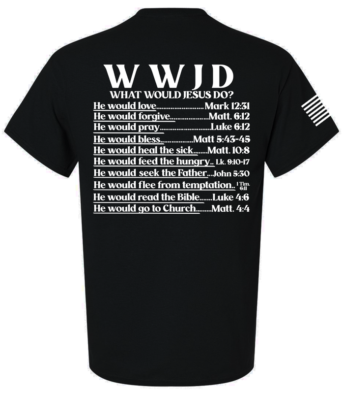 WWJD? He Would Love Forgive Pray Bless Flag Sleeve Back Design men's Christian tee - front graphic