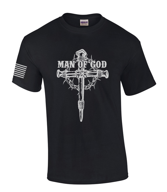 Man of God Nail Cross Crown of Thorns men's Christian tee - front graphic