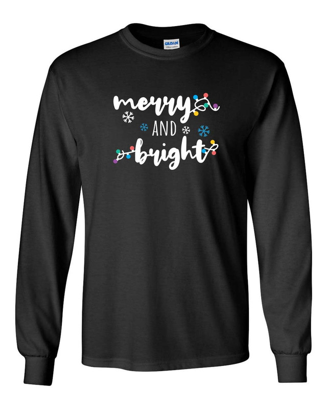 Merry and Bright Christmas Lights men's Christian long sleeve tee - front graphic