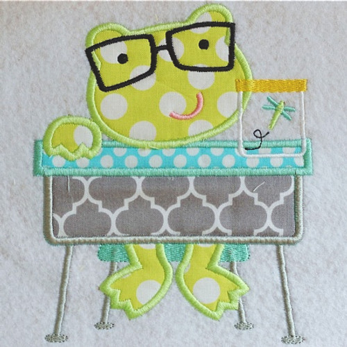 School Desk Frog Applique Machine Embroidery Design