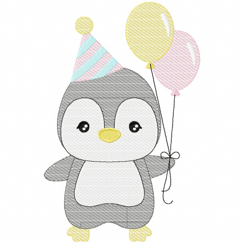 Birthday Penguin Stitch and Sketch Fill Applique Embroidery Design