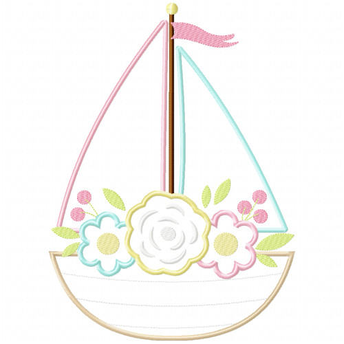 Floral Sailboat Satin and Zigzag Applique  Embroidery Design