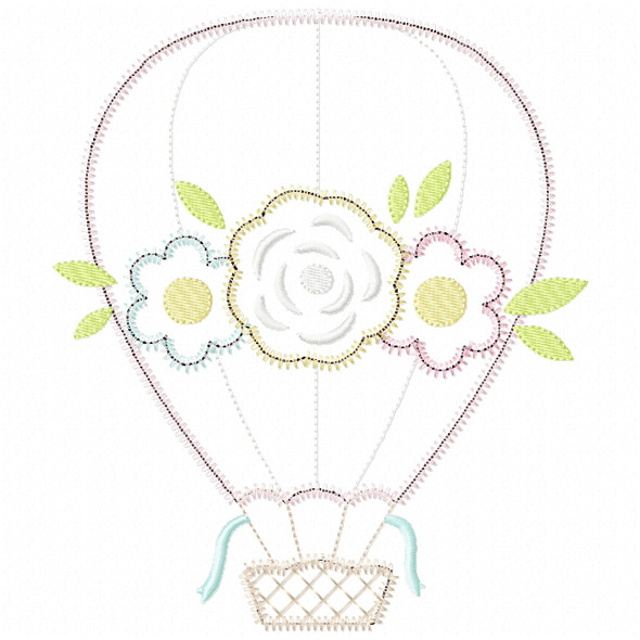 Floral Hot Air Balloon Satin and ZigZag Stitch Applique Embroidery Design