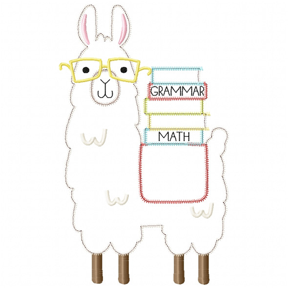 Llama and Books Satin and Zigzag Applique   Embroidery Design