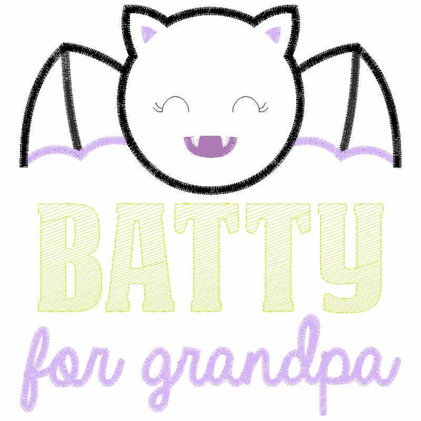 Batty For Grandpa Satin and Zigzag Applique   Embroidery Design
