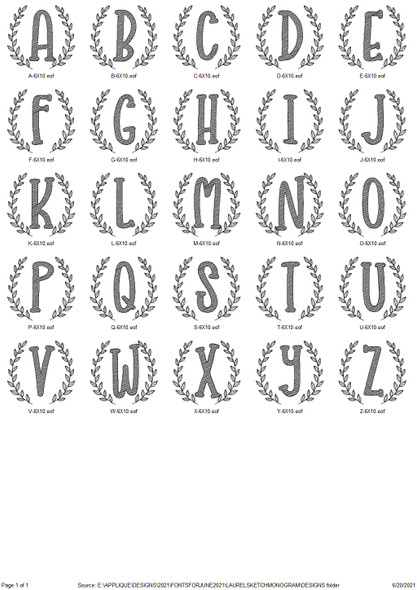 Laurel Sketch Fill Monogram Alpha Embroidery Design Font