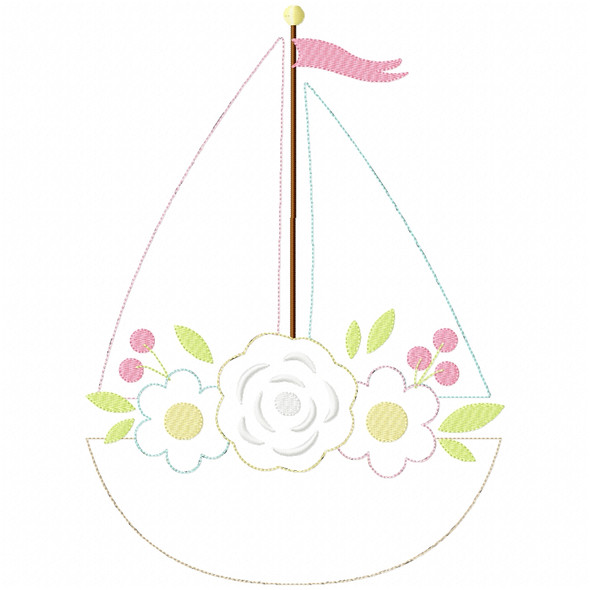 Floral Sailboat Stitch and Sketch Fill Applique Embroidery Design