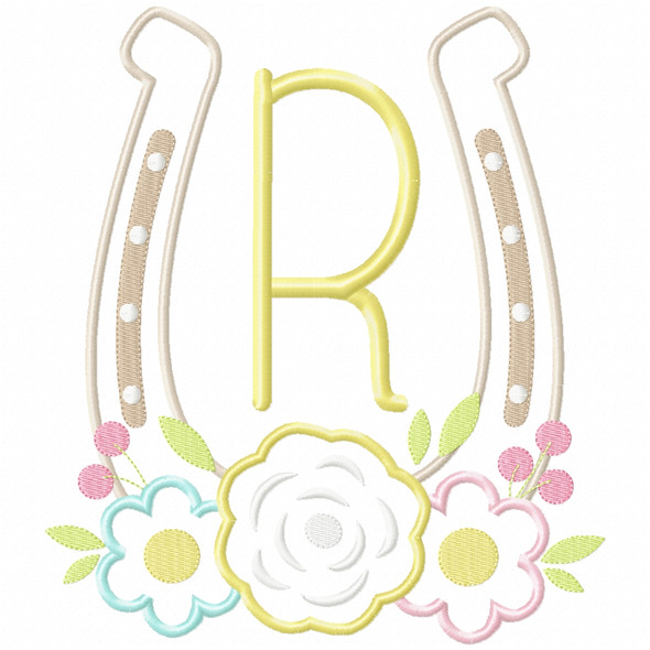 Floral Horseshoe Applique Alphabet Embroidery Design Monogram Font