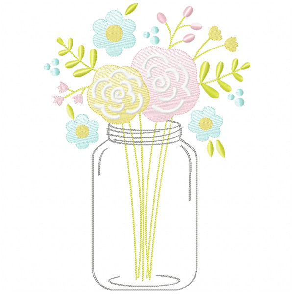 Floral Mason Jar Sketch Applique Machine Embroidery Design