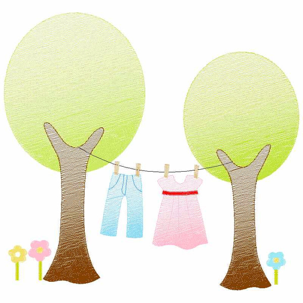 Trees and Laundry Sketch Applique Embroidery Design