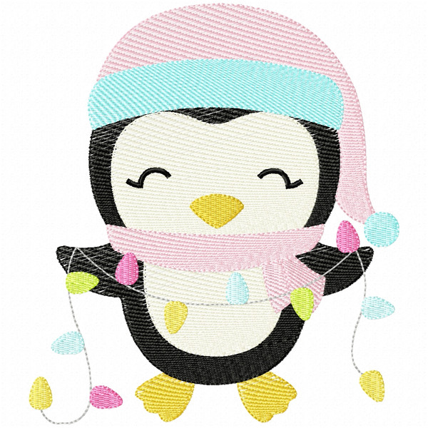 Penguin and Christmas Lights Simple Stitch and Sketch Fill Applique Embroidery Design