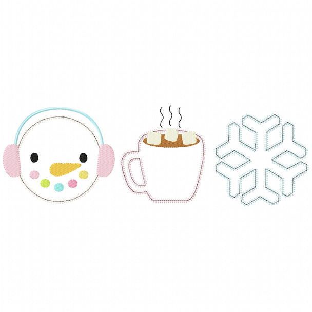 Snowman - Hot Cocoa - Snowflake Satin and Zigzag Applique Embroidery Design