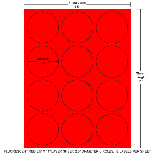 2.5" Diam. Circle x 2.5" Diam. Circle EDP Laser Sheet (Fluorescent Red) (Case) - RL-25-CIR-12-R