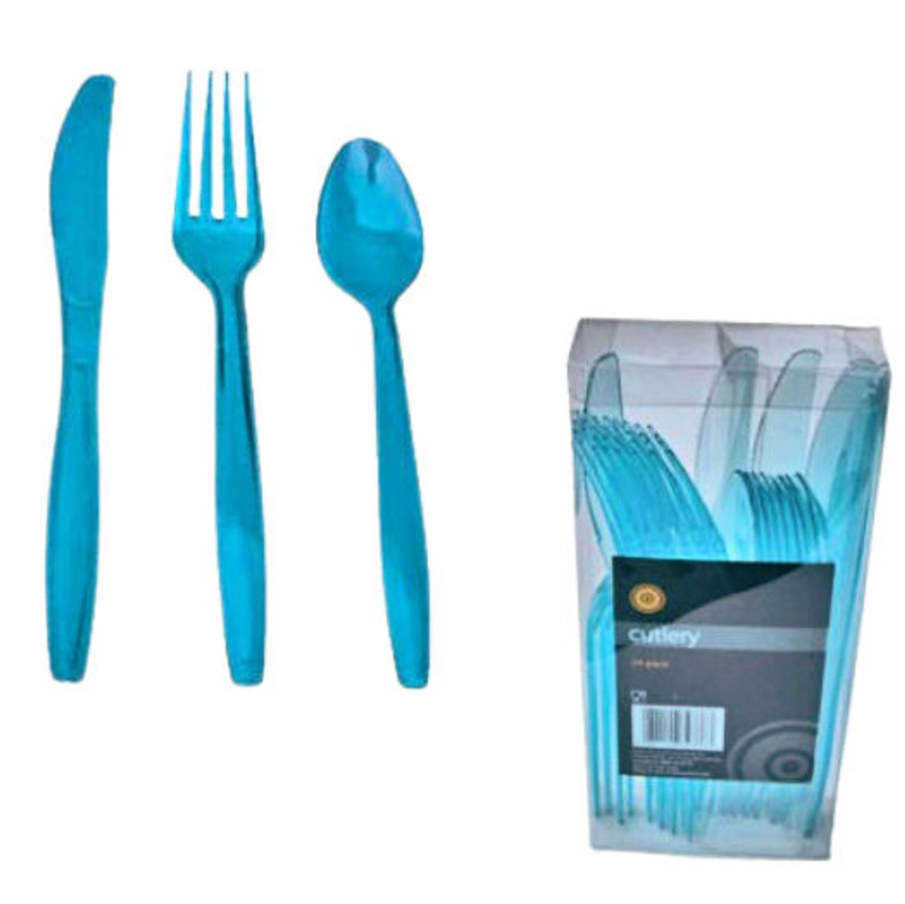 Case of 24 Re-usable Aqua plastic Cutlery 8 Knives - 8 Forks - 8 Desert Spoons