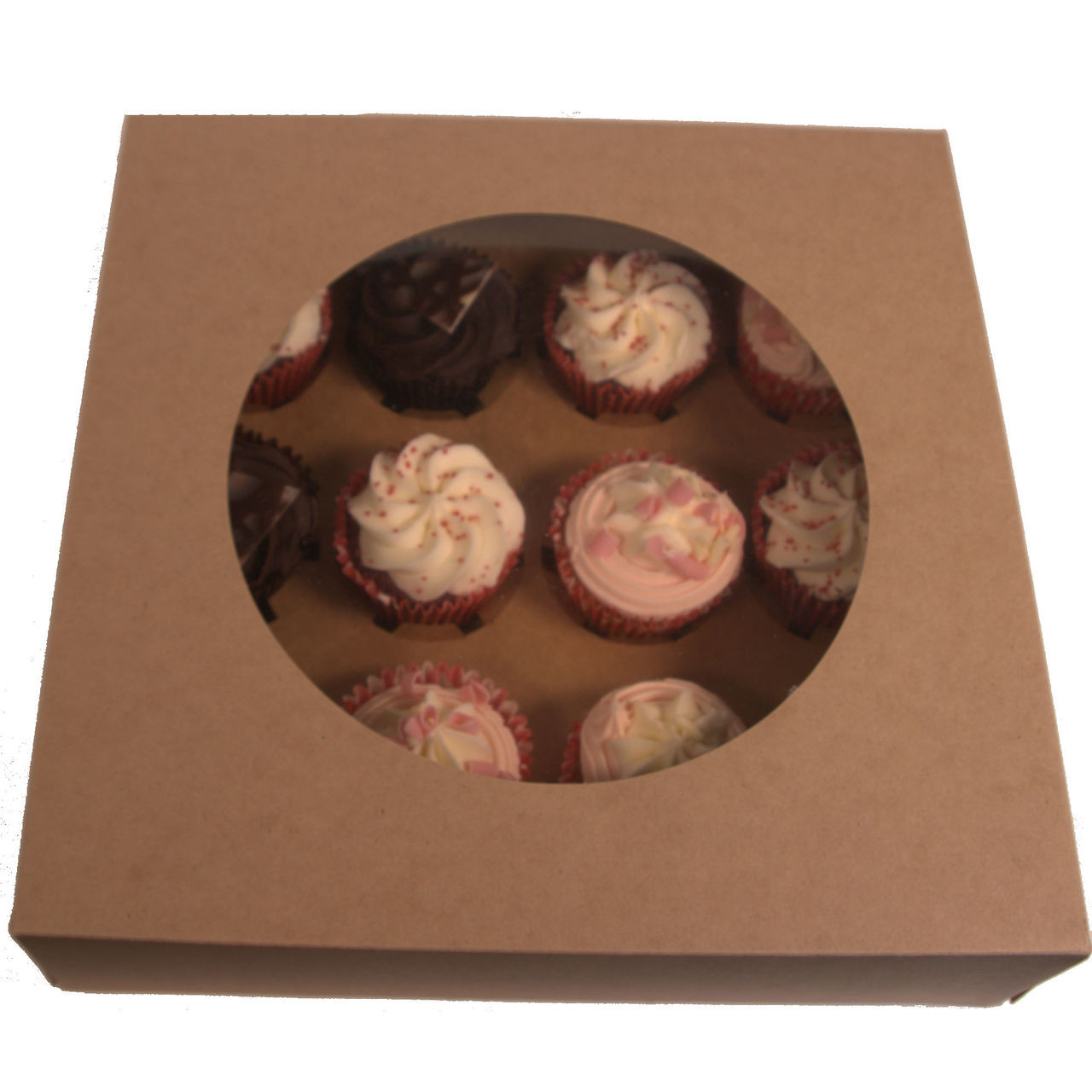 Pack x 25 Cardboard 12 Cupcake box Kraft with window 300 x 300 x 75mm