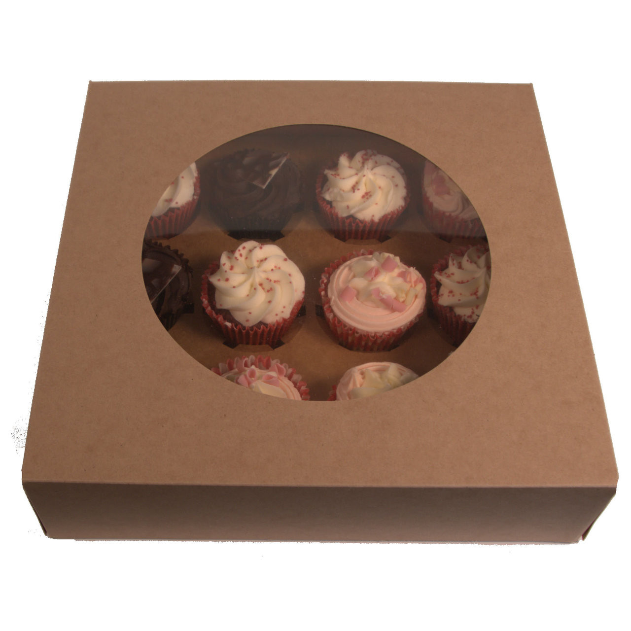 Pack x 25 Cardboard 12 Cupcake box Kraft with window 300 x 300 x 75mm