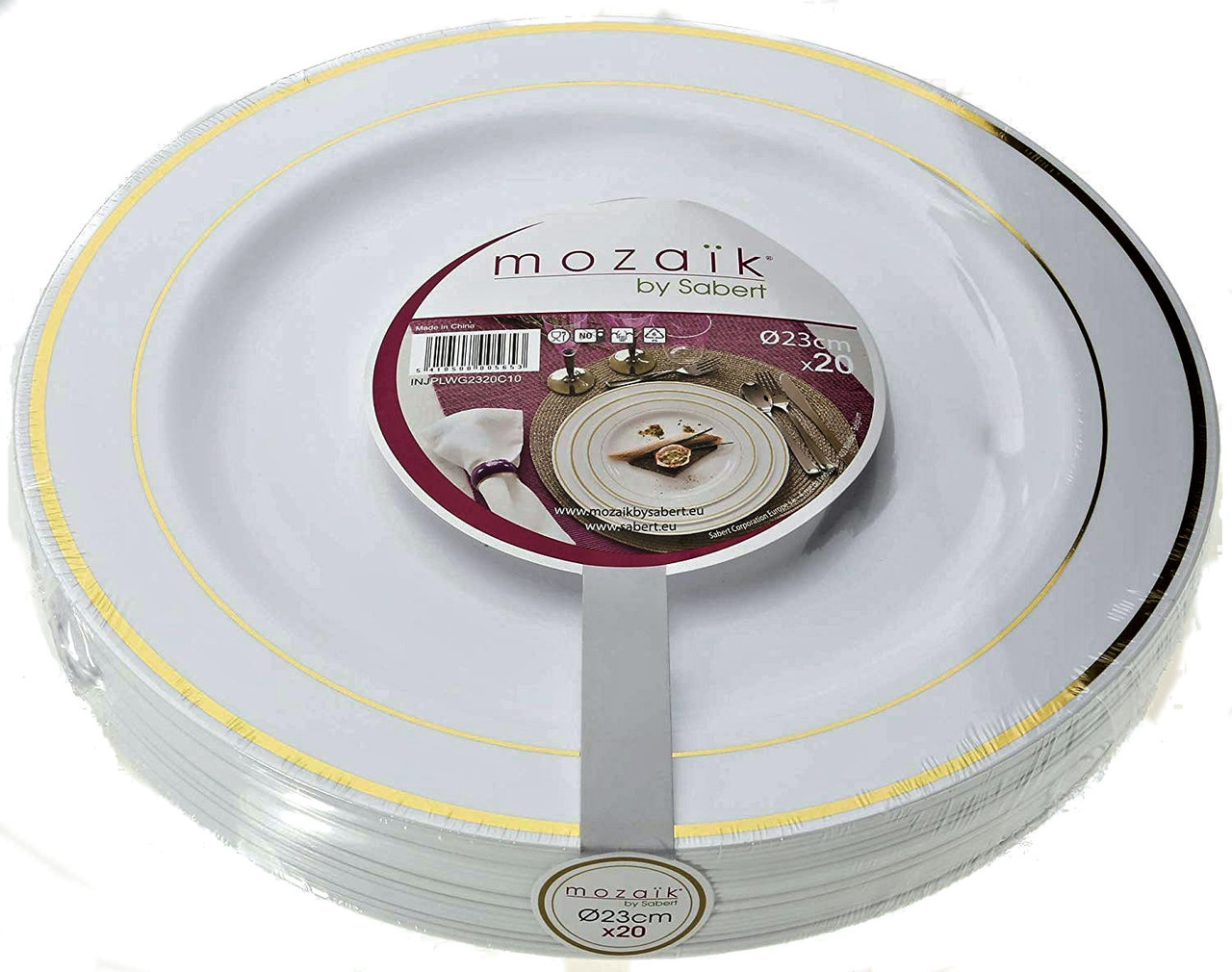 Pack x 20 MOZAIK White Gold Rim Plastic Plates 23cm