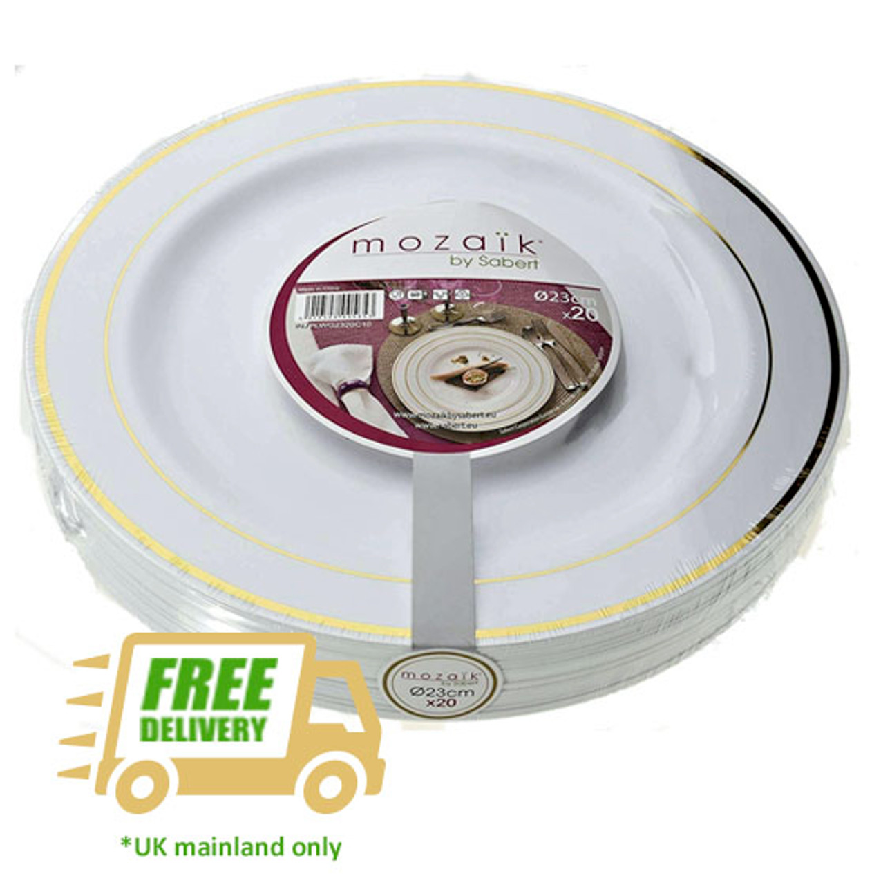 Pack x 20 MOZAIK White Gold Rim Plastic Plates 23cm