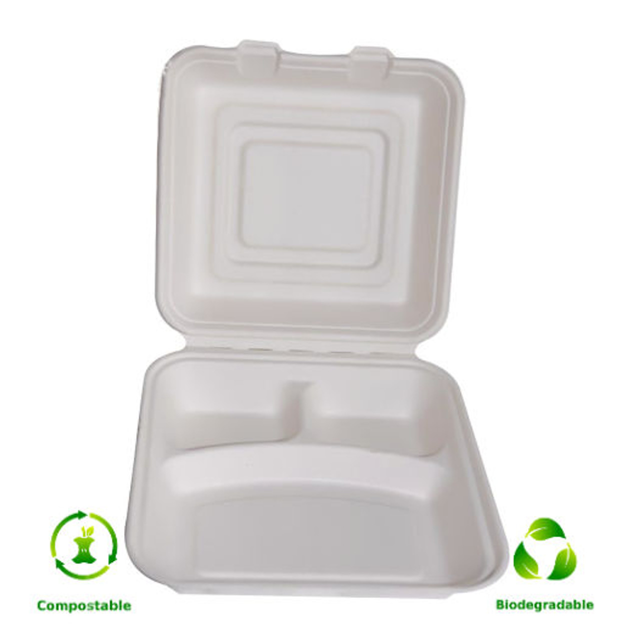  Pack x  50 x white Bagasse Disposable 3 Compartment 9"x 9"x 3"  Hinged Food Box